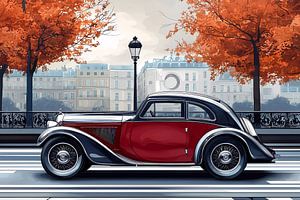 Ein Oldtimer auf einer Stadtstraße mit Bäumen eines Boulevards