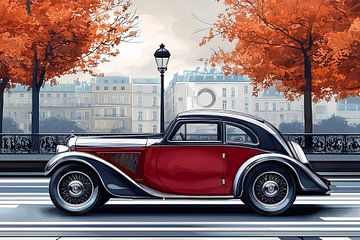 Een klassieke auto in een stadsstraat met bomen van een boulevard van Ariadna de Raadt-Goldberg