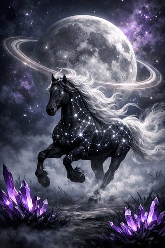 Bague « Constellation de l'étalon cosmique et de la lune » - Art fantastique en cristal