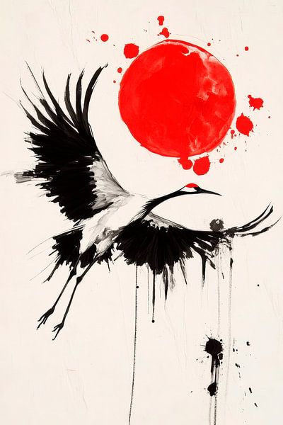 Kranich im Flug – Rote Sonne von Poster Art Shop