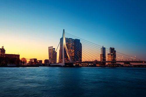 Panorama of the city of Rotterdam and the Erasmus Bridge across the Nieuwe Maas at sunrise