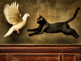 Paradox | Die schwarze Katze und die weiße Friedenstaube, ein Stillleben in Bewegung von KRAB