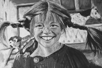 Schilderij van Pippi Langkous, portret II, zwartwit van Liesbeth Serlie