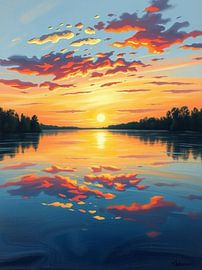 Crimson Serenity: A Vibrant Sunset Over a Tranquil Lake by Artistic