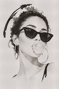 Bubblegum – Frauenporträt in Ostindischer Tinte – Kaugummiblase – Tintenporträt MadameRuiz