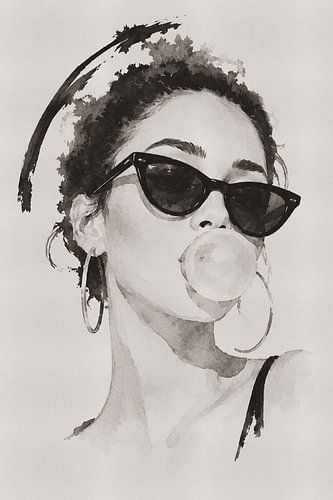 Bubblegum – Frauenporträt in Ostindischer Tinte – Kaugummiblase – Tintenporträt MadameRuiz von MadameRuiz