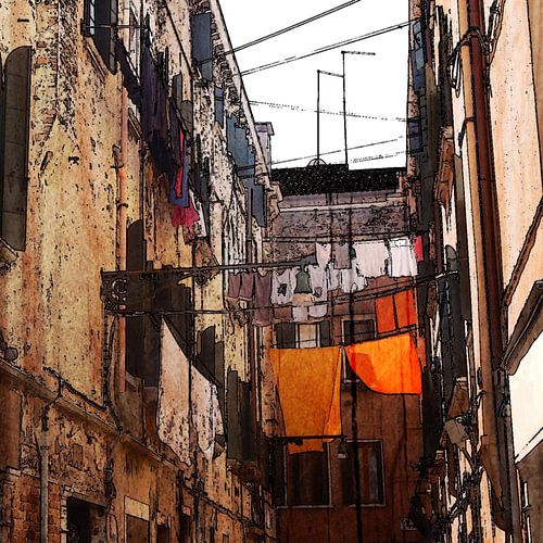 wasgoed aan de lijn tussen huizen  in Venetië, Italië