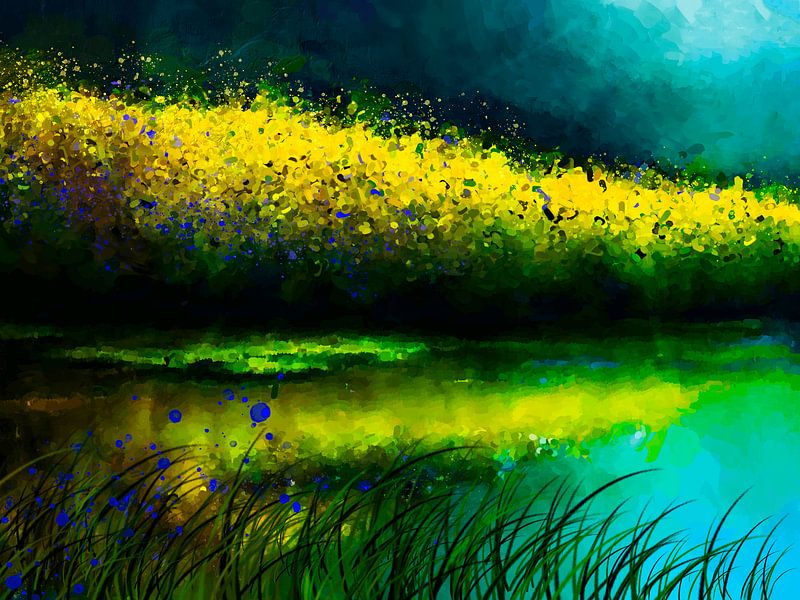 Fossé au printemps, fleurs jaunes dans les roseaux, reflets dans l'eau. par ellenilli .