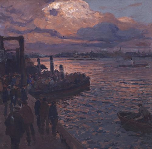 FRIEDRICH KALLMORGEN, Haven van Hamburg in het avondlicht, rond 1900