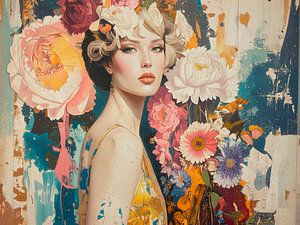 Boho Chic Porträt einer Frau mit Blumen im Retro-Stil