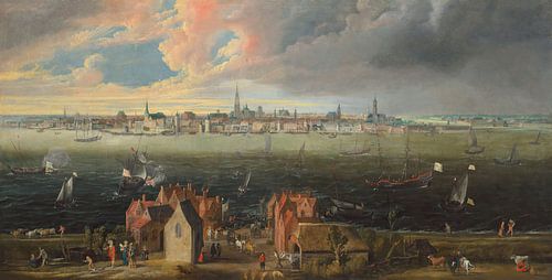 Panoramisch zicht op de stad Antwerpen aan de overkant van de Schelde, Jan Wildens