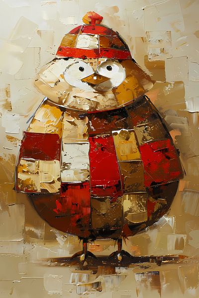 Kleurrijke abstracte vogel met hoed schilderij van Art & Soul Creations