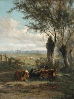 Koeien en geiten in een landschap met knotwilgen