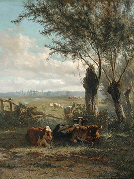 Cows and goats in a landscape with pollard willows