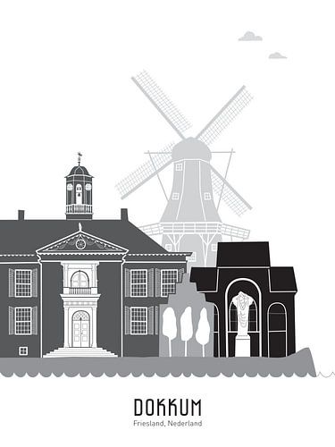 Skyline illustratie stad Dokkum zwart-wit-grijs