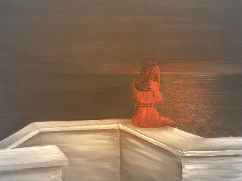 Sitting red woman - harbour promenade in Cala Ratjada by Edeltraut K. Schlichting