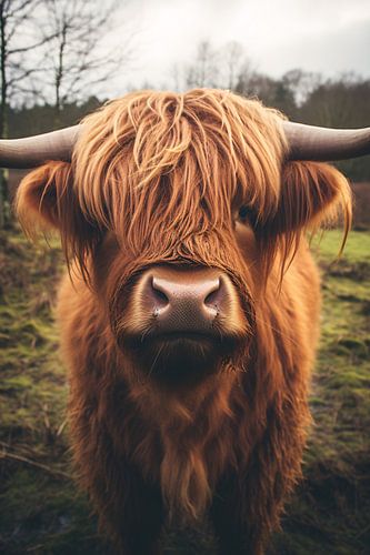 Portrait of a Scottish Highland cattle in the pasture