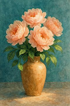 Pioenrozen in aardewerken vaas (AI) (Oude blauwe muur, zonnig, zomers, schilderij, zachte kleuren, turquoise, aquarel ) van Natalie Bruns