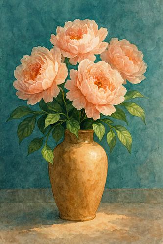 Pioenrozen in aardewerken vaas (AI) (Oude blauwe muur, zonnig, zomers, schilderij, zachte kleuren, turquoise, aquarel )