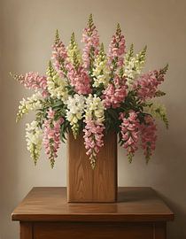 Snapdragon Antirrhinum majus in a square wooden vase by Regan Frederick
