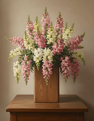 Leeuwenbek (Antirrhinum majus) in een vierkante houten vaas