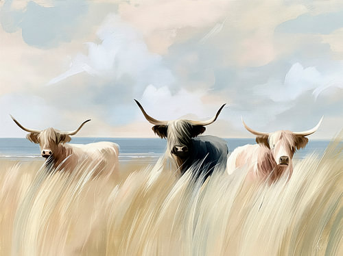 Three Scottish Highland cattle in the dunes