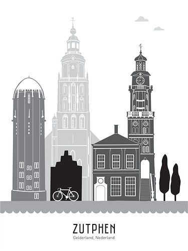 Skyline illustratie stad Zutphen in zwart-wit-grijs