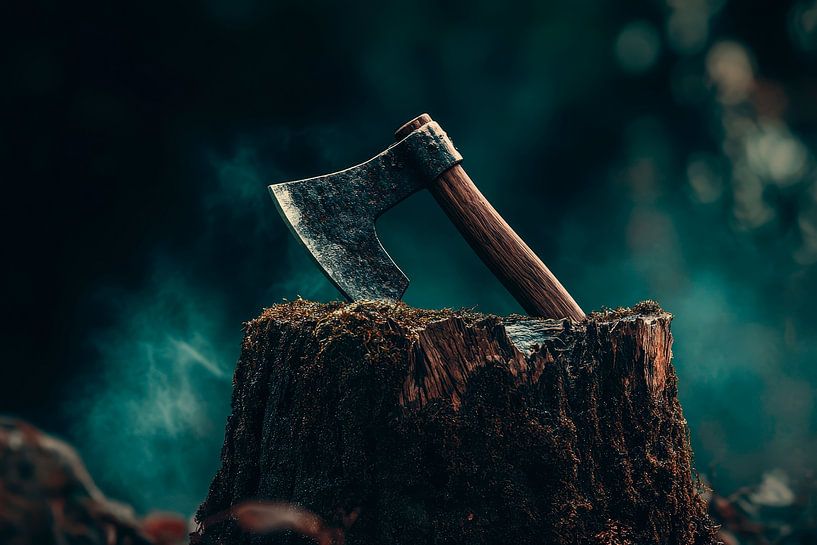 Axt auf Baumstumpf – Natürliche Szenerie von Poster Art Shop