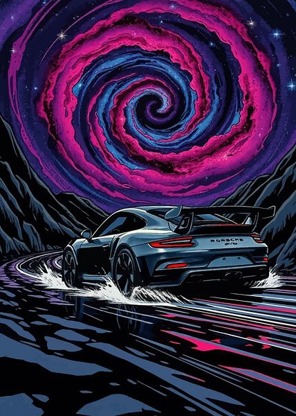 Graphite Grey Porsche 911 GT3 RS – Speeding on Cosmic Galaxy with Mountain by MIROKKU