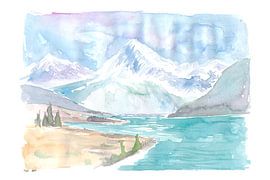 Neuseeländische Aquarelllandschaft mit See und Bergen