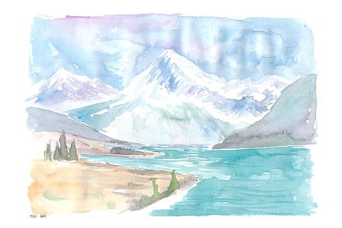 Paysage néo-zélandais à l'aquarelle avec lac et montagnes