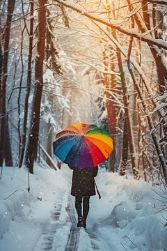 Besneeuwde, kleurrijke paraplu van fernlichtsicht