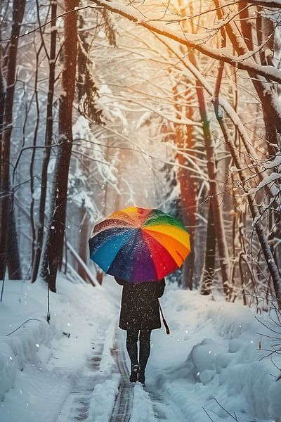 Schneebedeckt, farbenfroher Schirm von fernlichtsicht