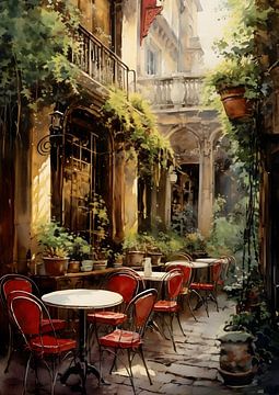 Café in narrow alley Paris 1950 - Watercolour by Jan Bechtum