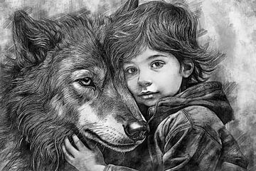 Een kind en de wolf a.k.a. The Wolfchild (kunst) van Art by Jeronimo