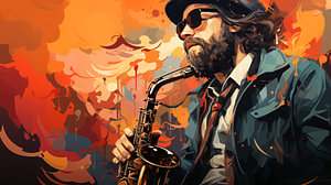 70er Jahre Jazzmusik Hintergrund Mann mit Saxophon im Kunst Stil