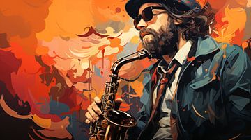 jaren '70 jazz muziek achtergrond mens met saxofoon in kunststijl van Animaflora PicsStock