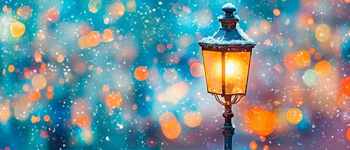 Besneeuwde lantaarn bij nacht