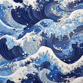 Blauwe en Witte Golven in Japans Patroon van Danny van Eldik - Perfect Pixel Design