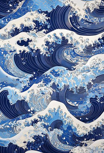 Blauwe en Witte Golven in Japans Patroon