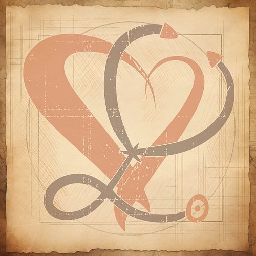 Stethoscopen & hart, Vintage kunst. Verpleegster / Dokter.