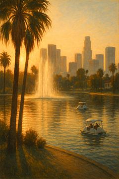 Echo Park Lake: Zwanenboten en silhouet van de skyline van Travel Shop