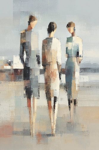 Abstract schilderij drie vrouwen aan zee – serene kunst in zandtinten
