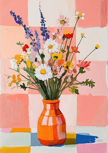 Still Life Wild Flowers Gouache Vase Orange Pink Check