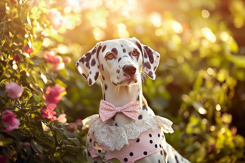 Dalmatian in festive attire in the garden by Poster Art Shop