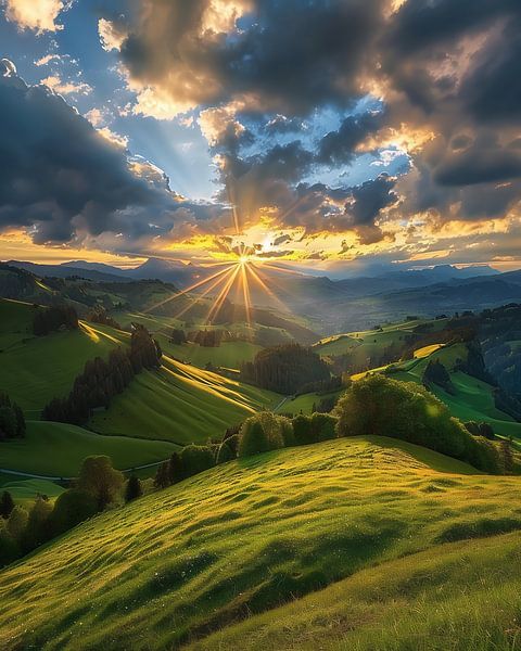 Zonnestralen op het Franse platteland van fernlichtsicht