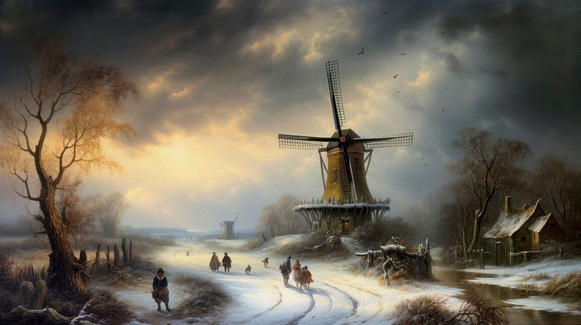 Dutch winter landscape painting with windmill by Preet Lambon