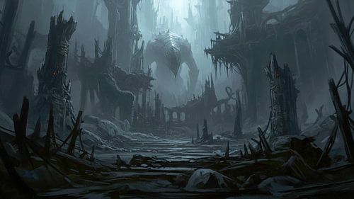 Paysage urbain en ruine avec grande créature