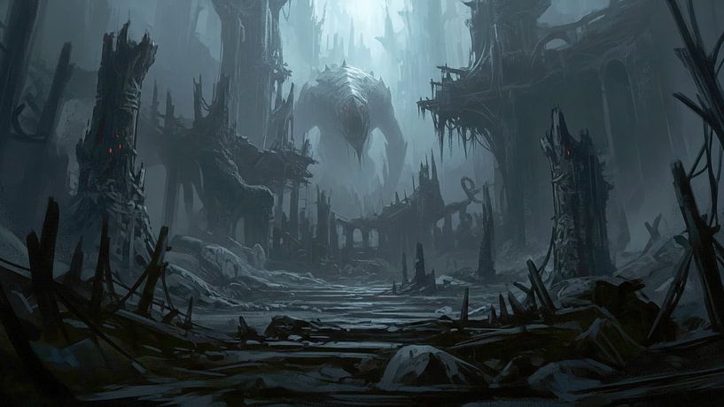 Paysage urbain en ruine avec grande créature par Markus Gann