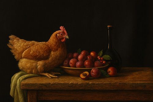 Repos et richesse - Nature morte classique avec poulet et prunes